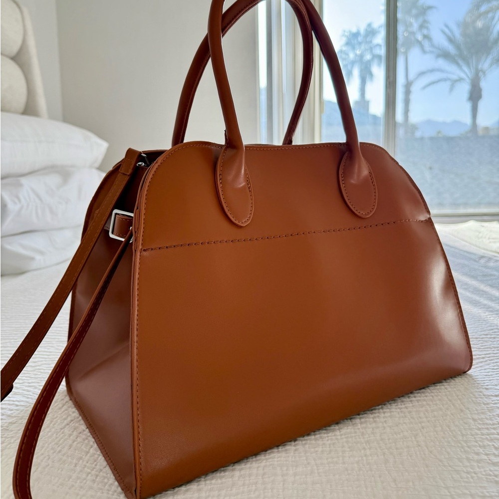 Inspired by The Row Margaux Tan Leather Satchel with Dome Shape and Top Handles